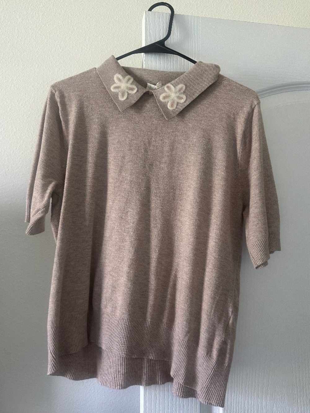 Taupe Knit Sweater Top with Daisy Collar